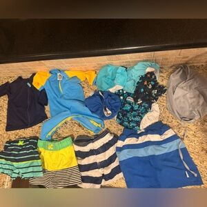 Boys swim clothes, trunks, diapers, hat